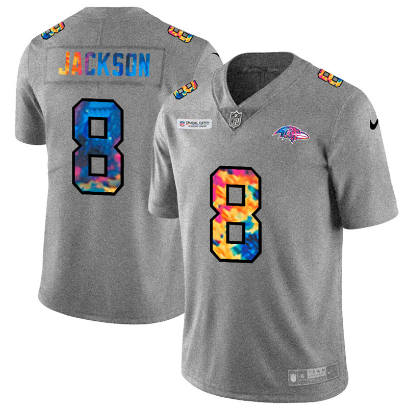 NFL Baltimore Ravens #8 Lamar Jackson Men Nike MultiColor 2020  Crucial Catch  Jersey Grey->cleveland indians->MLB Jersey